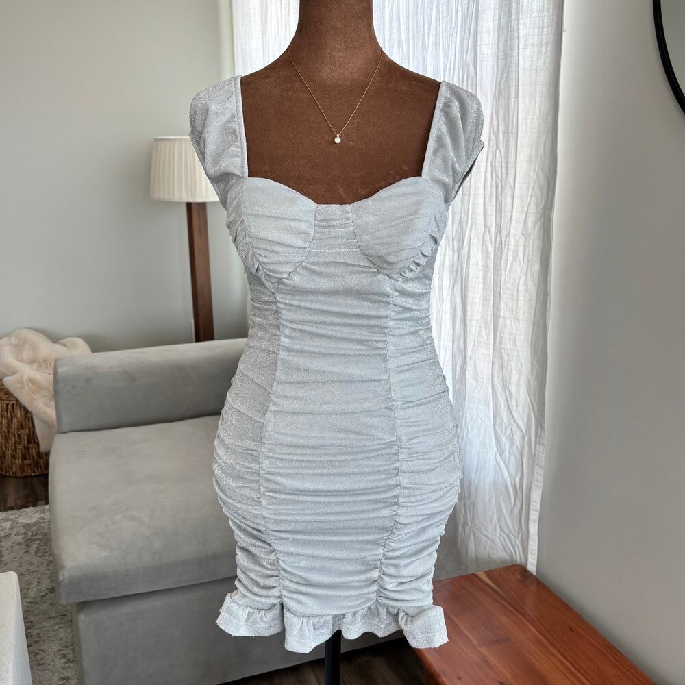 Y2K I.N. San Francisco Silver Shimmer Ruched Mini Dress Sweetheart Neckline S